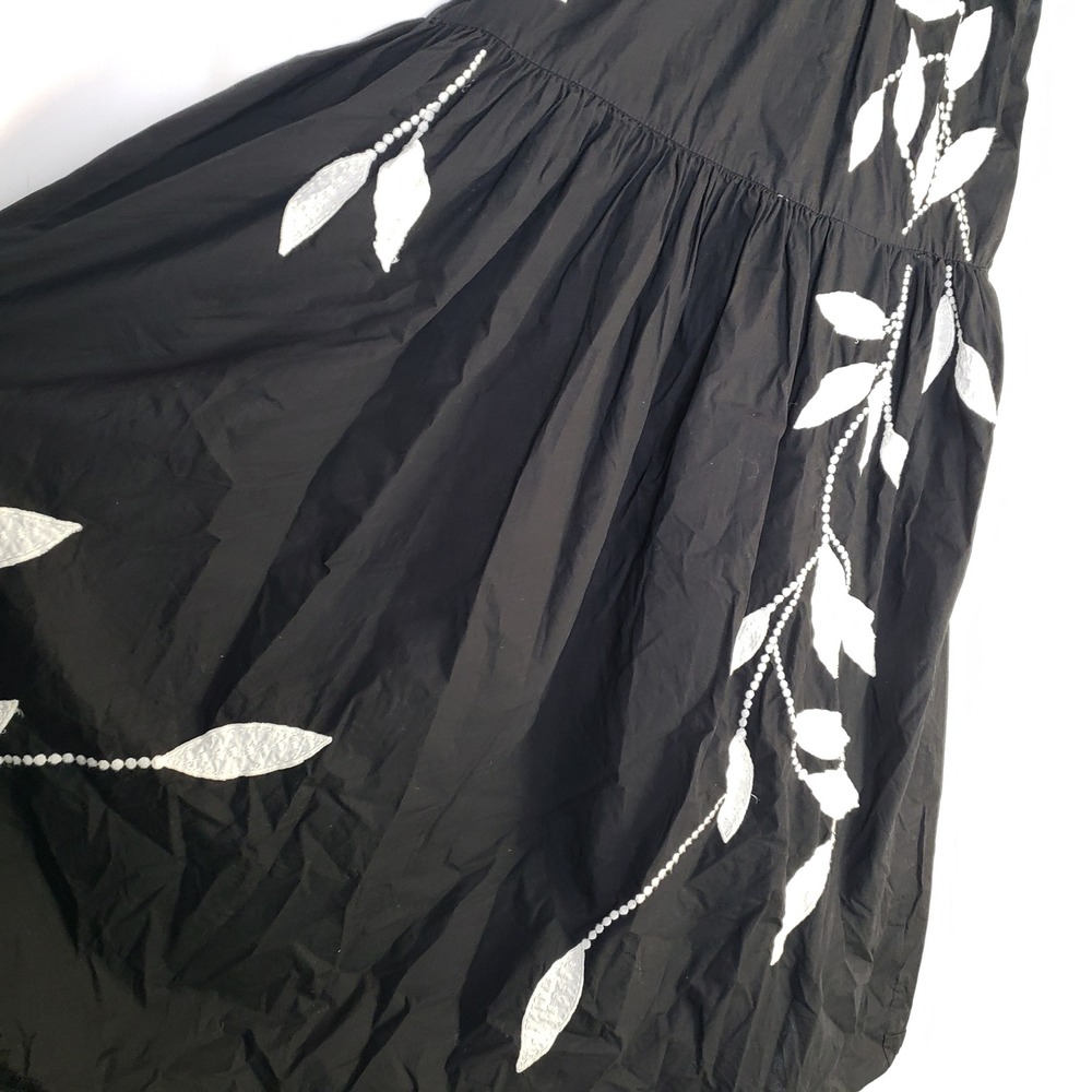 Anthropologie sz S Short Sleeve Black White Embroidered Leaf Midi Dress Smocked - Picture 3 of 8